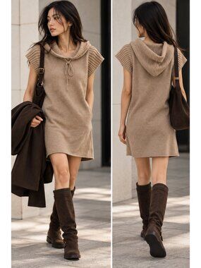 Central Park West 100% Cashmere Hooded Sweater Dress Tunic Beige Size S